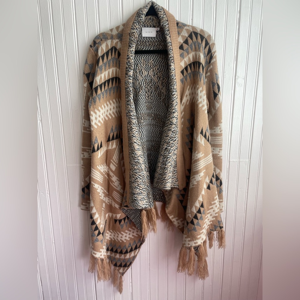 Women’s Lush Aztec Print Open Front Drapey Cardigan Size M